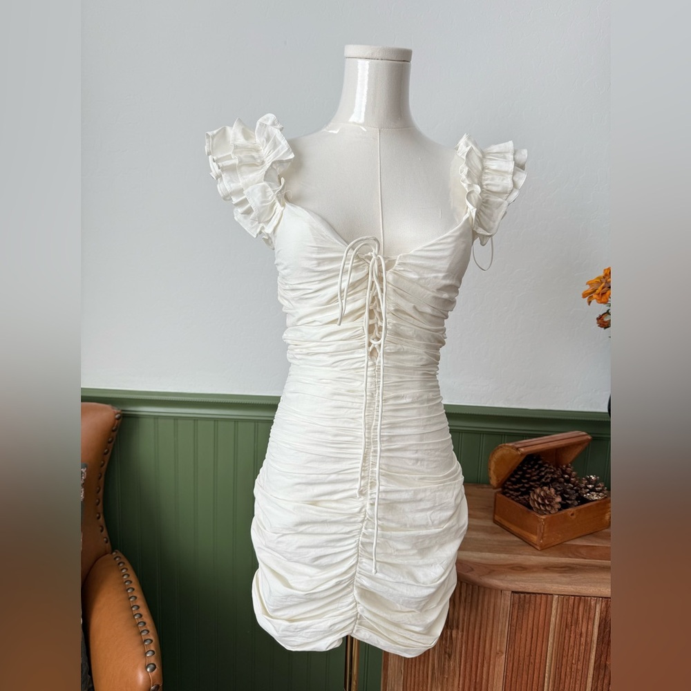 Zara Mini White Ruffle Sleeve Linen Blend Ruched Dress Lace Up Tie Size XS EUC